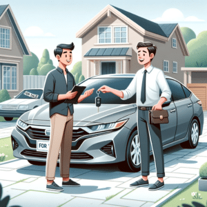 DALL·E 2024 01 06 17.37.09 A private car sale scene in a suburban neighborhood. The focus is a well maintained modern sedan parked on a driveway. A person of Asian descent dre